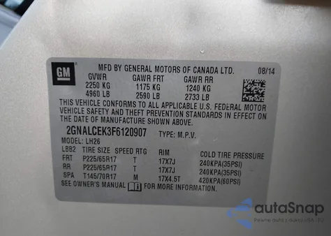 2015 Chevrolet Equinox 2Lt z USA, uszkodzony, nr VIN 2GNALCEK3F6120907